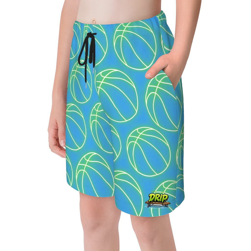 Youth Swim Shorts - Neon Basketballs Blue