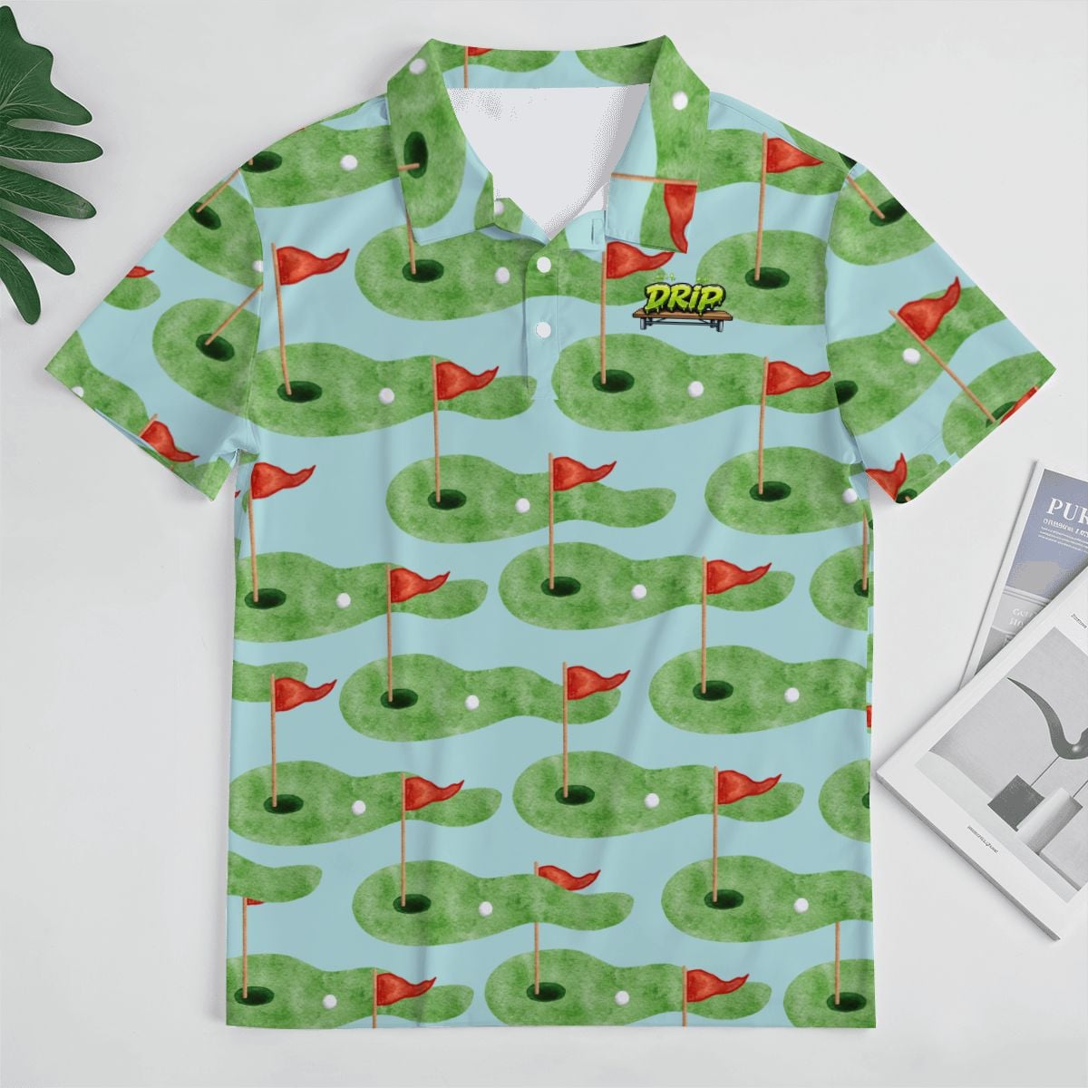 Uncle Golf Shirt - Green Hole Sketch Light Blue Green
