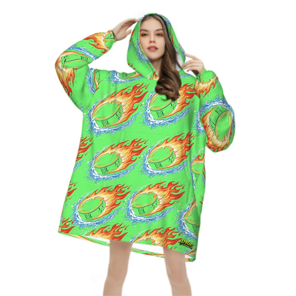 Adult Blanket Sweatshirt - Flamin Hockey Pucks Hot Green