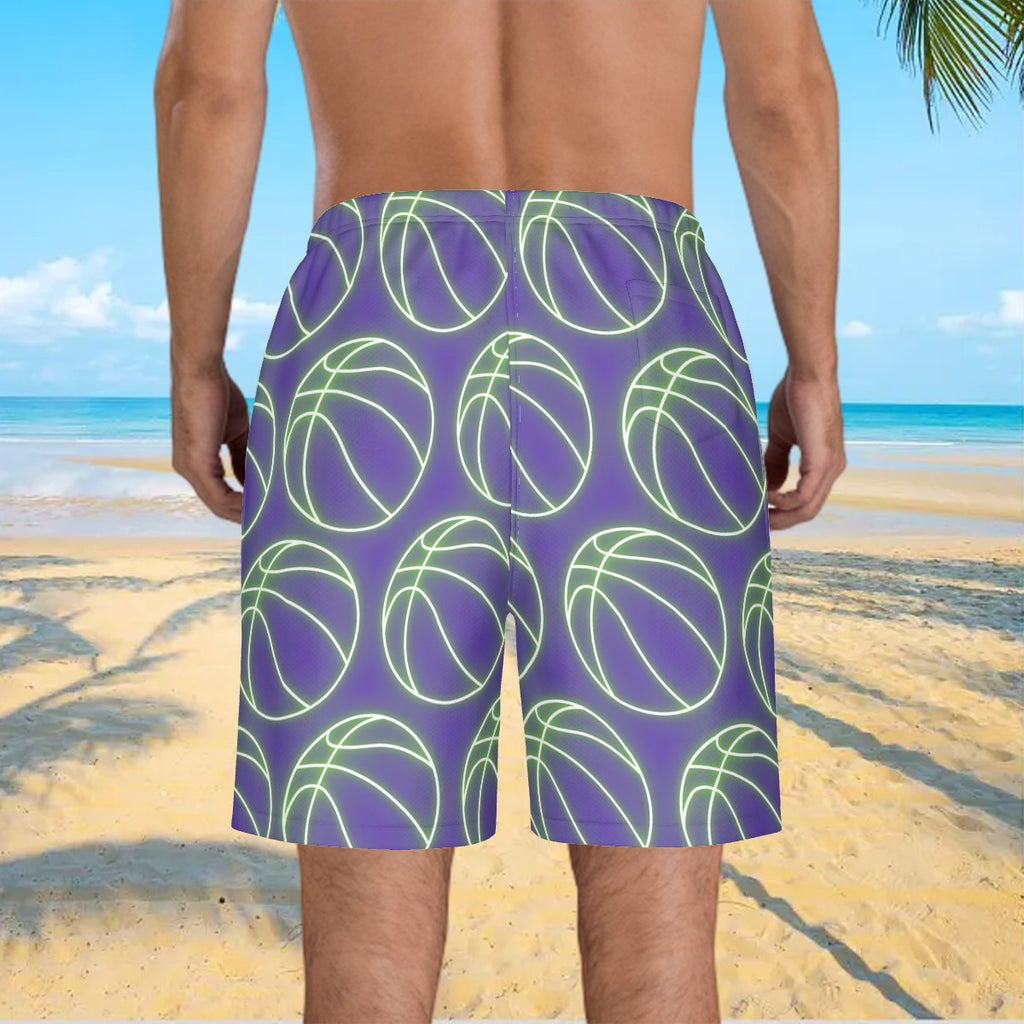 Men/Teen Swim Shorts - Neon Green Basketballs Purple