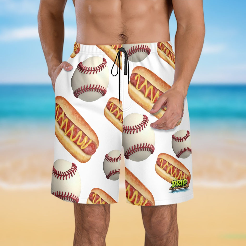 Men/Teen Swim Shorts - Baseballs and Hotdogs White