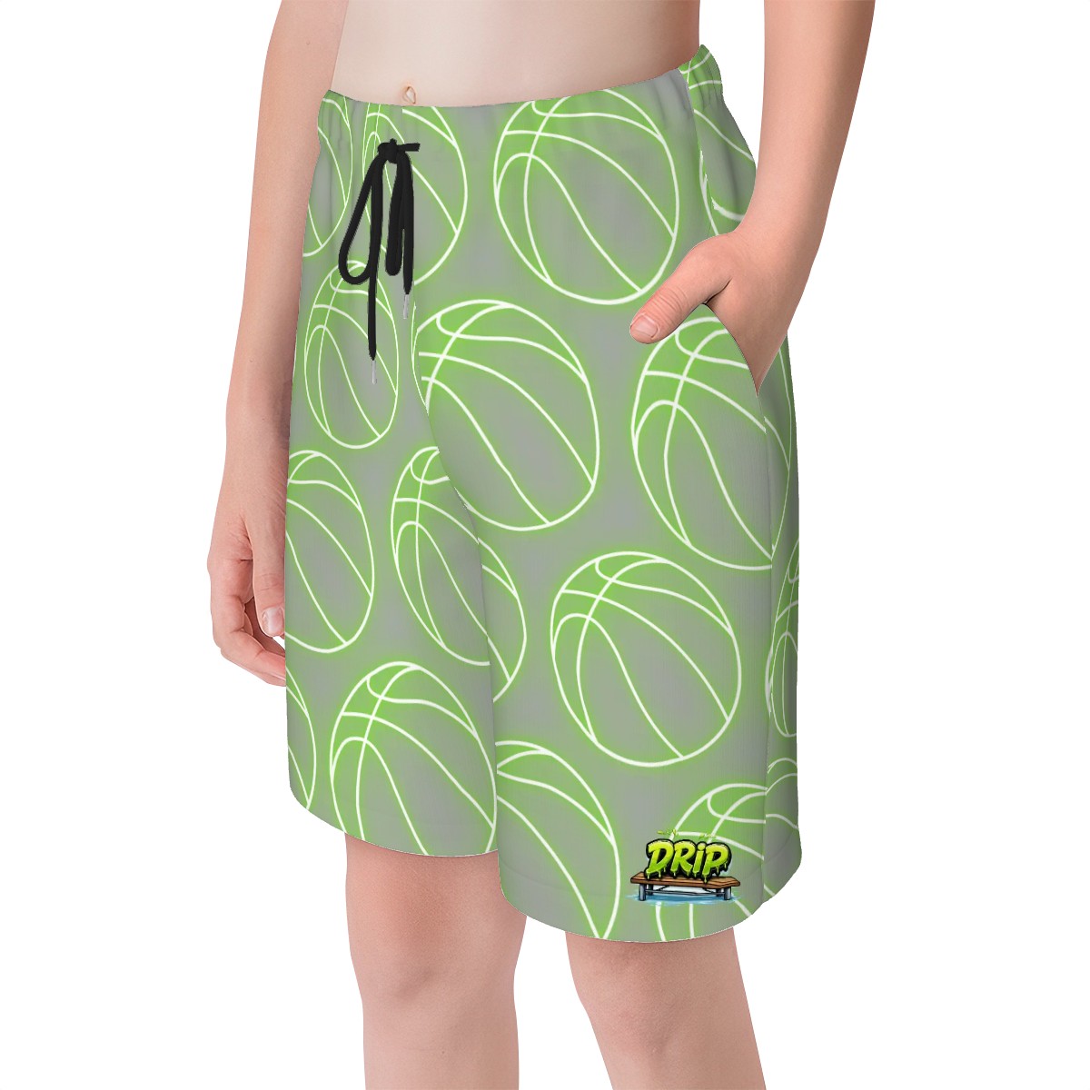 Youth Swim Shorts - Neon Basketballs Grey