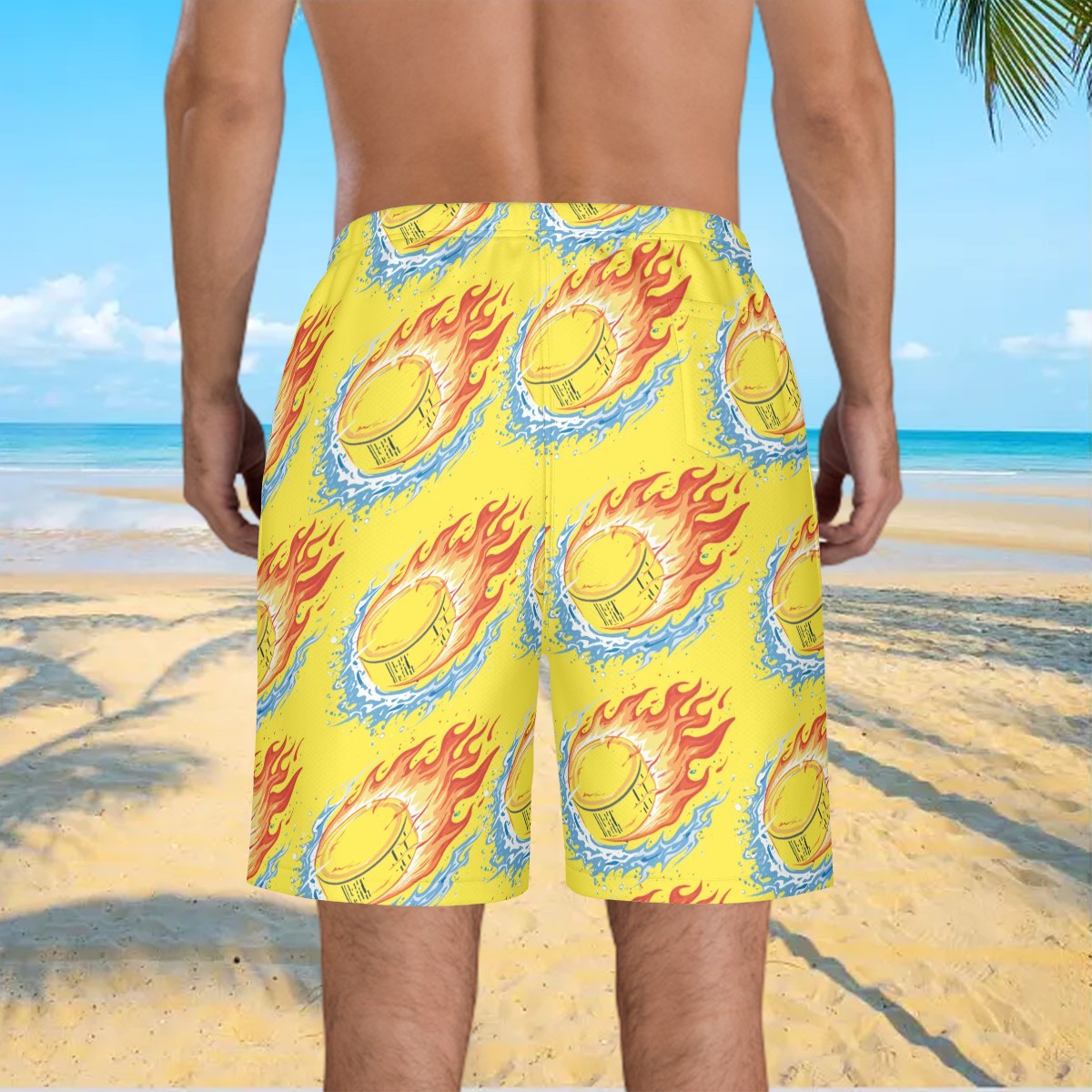 Men/Teen Swim Shorts - Flamin Hockey Pucks Yellow