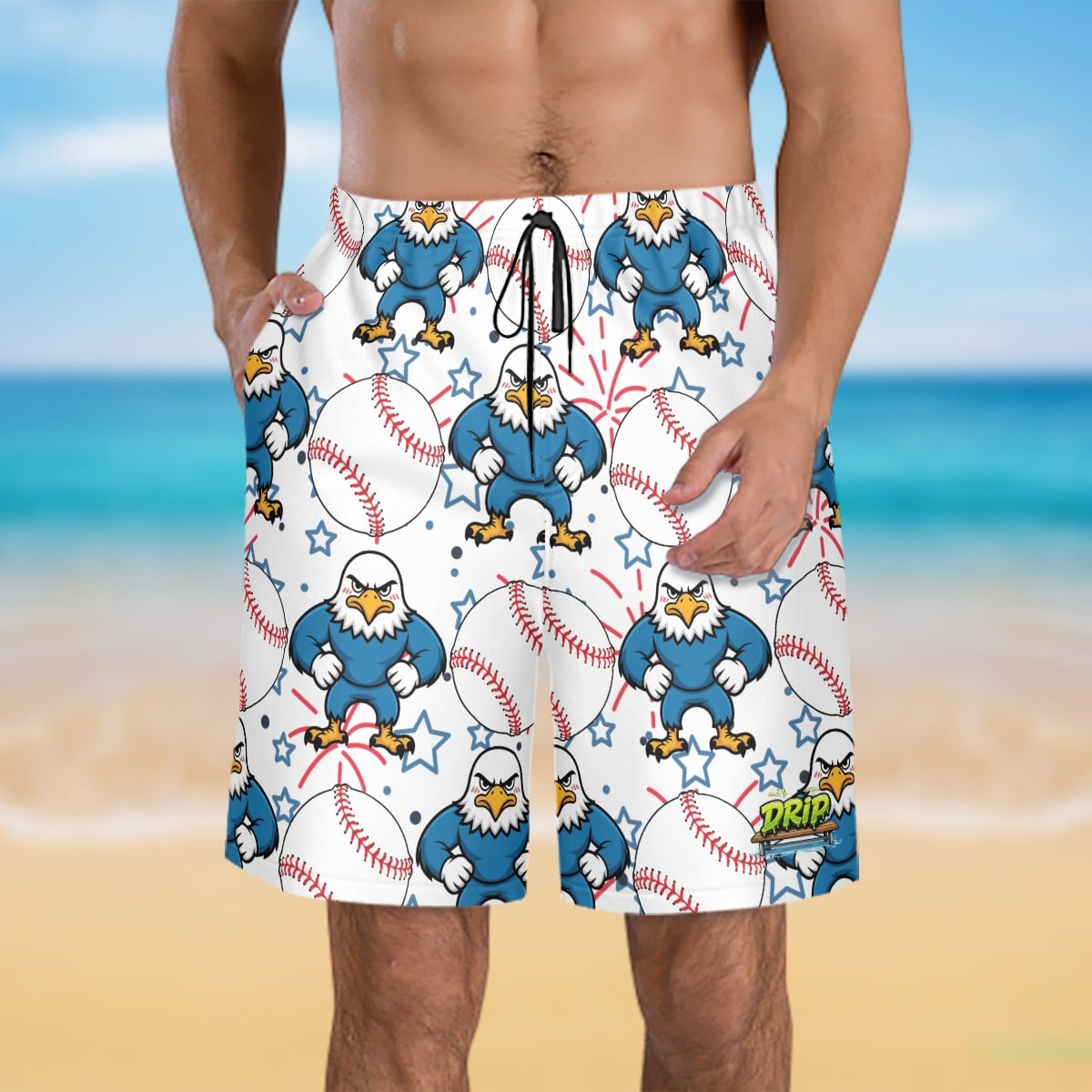 Men/Teen Swim Shorts - Stars and Strikes White