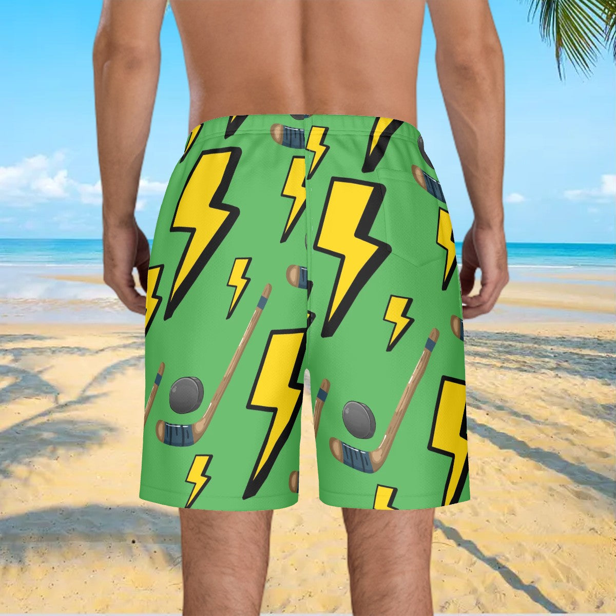 Men/Teen Swim Shorts - Lightning Bolts and Hockey Sticks Green
