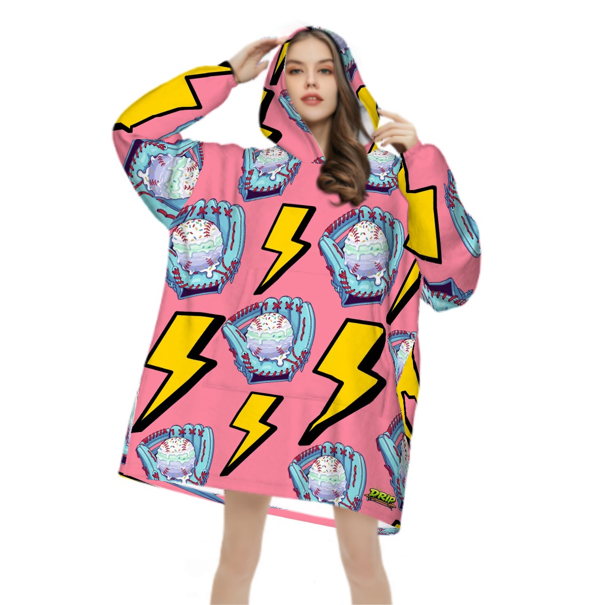 Adult Blanket Sweatshirt - Lightning Bolts and Baseball Ice Cream Drip Pink