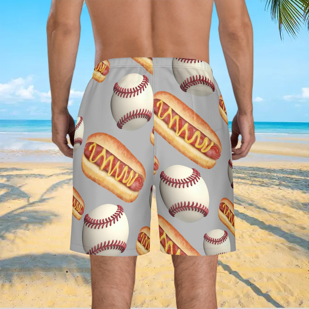 Men/Teen Swim Shorts - Baseballs and Hotdogs Grey