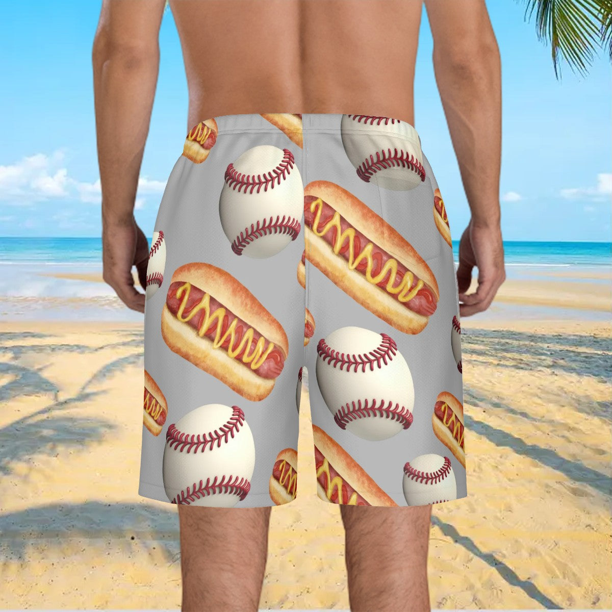 Men/Teen Swim Shorts - Baseballs and Hotdogs Grey