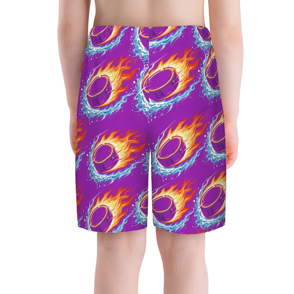 Youth Swim Shorts - Flamin Hockey Pucks Purple