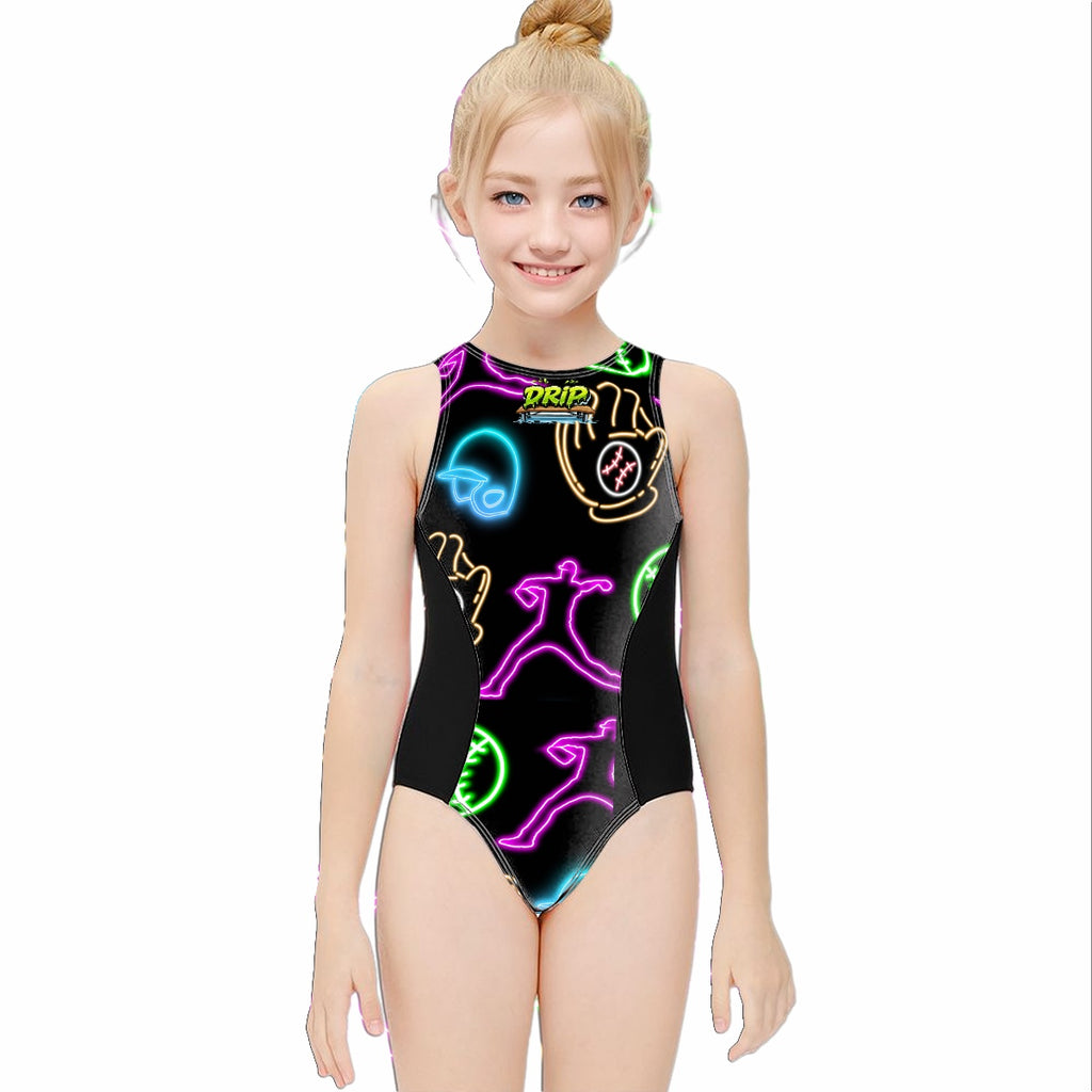 Girls One Piece Swimsuits Black Neon Lights