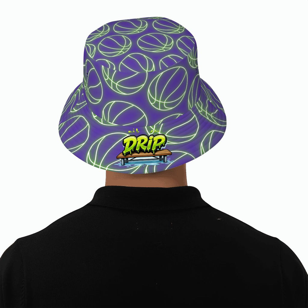 Drip Bucket Hat - Neon Green Basketballs Purple
