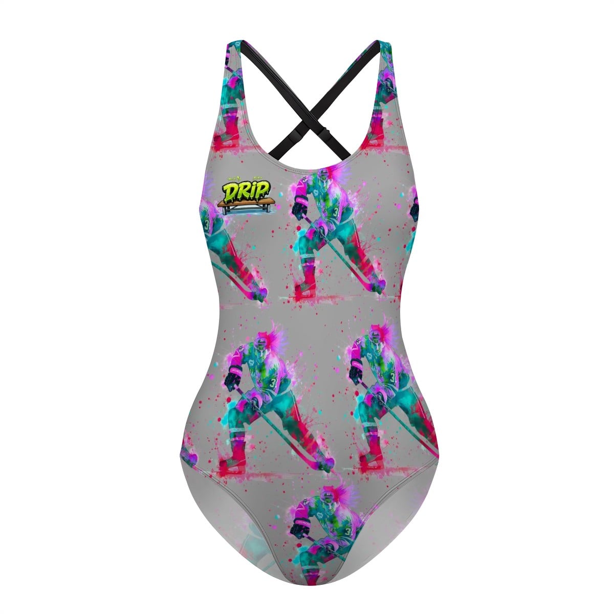 Cross-Back One Piece Swimsuit Women - Hockey Drip Flo Grey