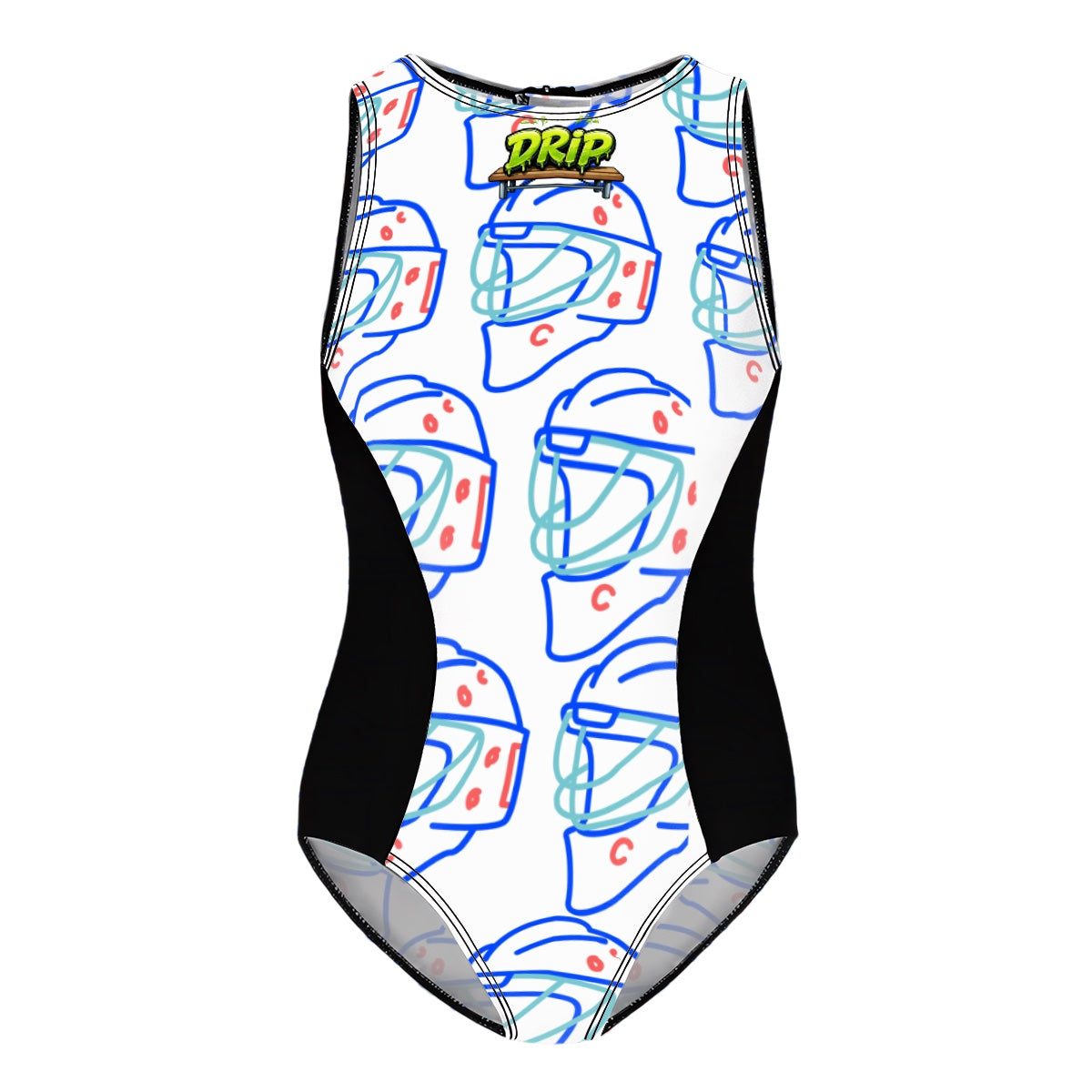 Girls One Piece Swimsuits - Goalie Helmet Sketch White