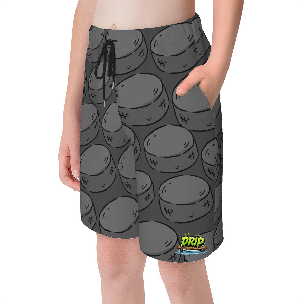 Youth Swim Shorts - Grey Hockey Pucks Grey
