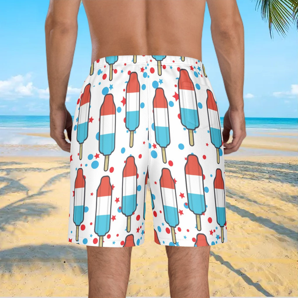 Men/Teen Swim Shorts - Red White and Blue Pop White