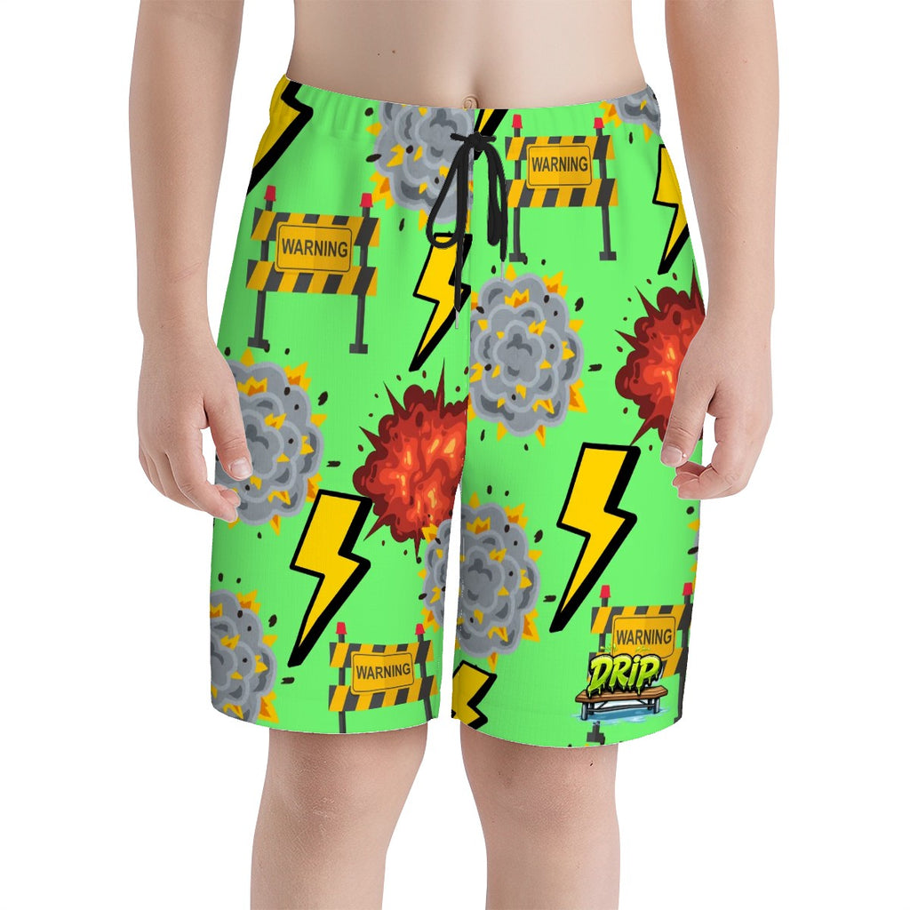 Youth Swim Shorts - I Come With a Warning Label Hot Green