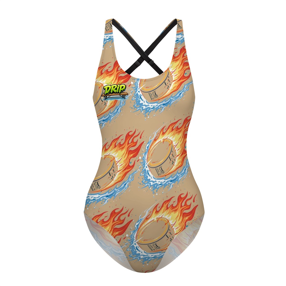 Cross-Back One Piece Swimsuit Women - Flamin Hockey Pucks Beige