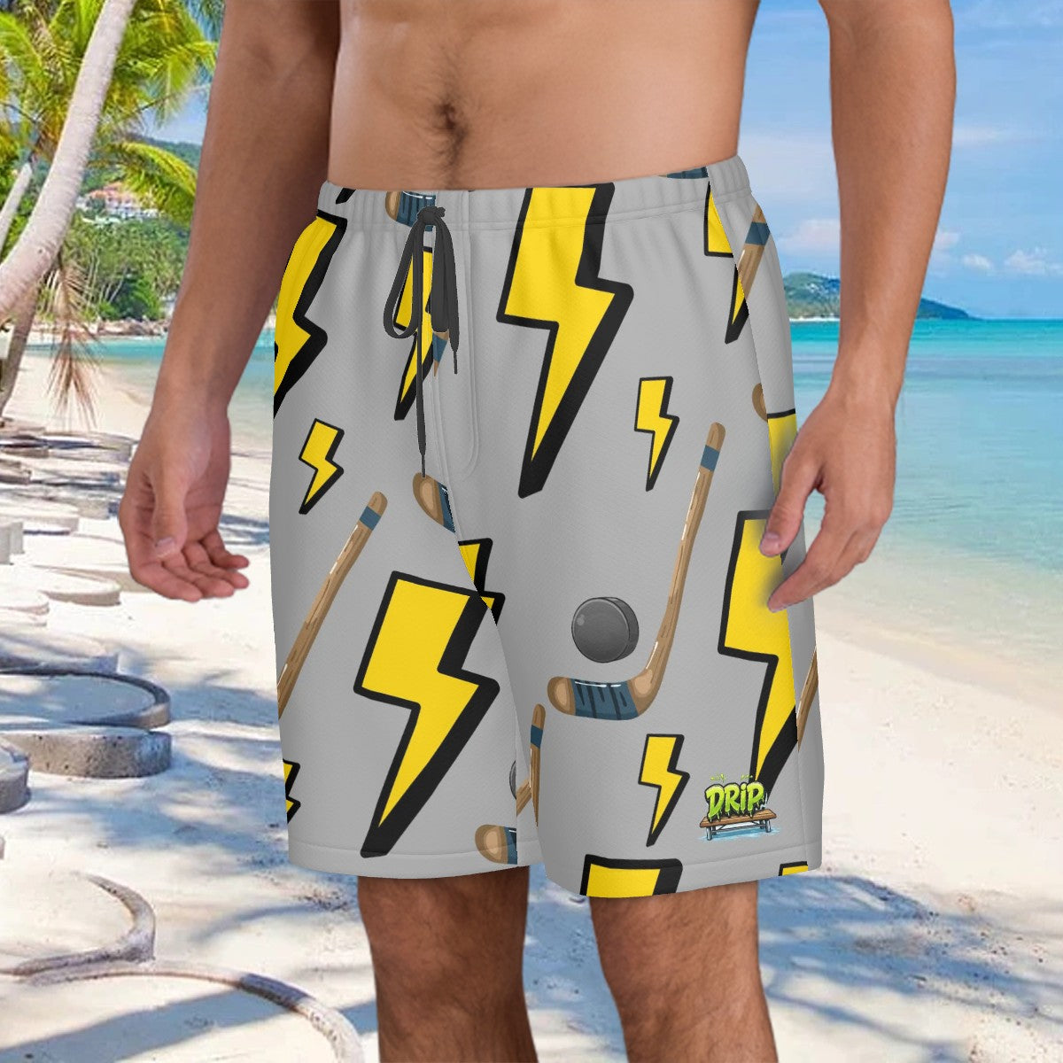 Men/Teen Swim Shorts - Lightning Bolts and Hockey Sticks Grey