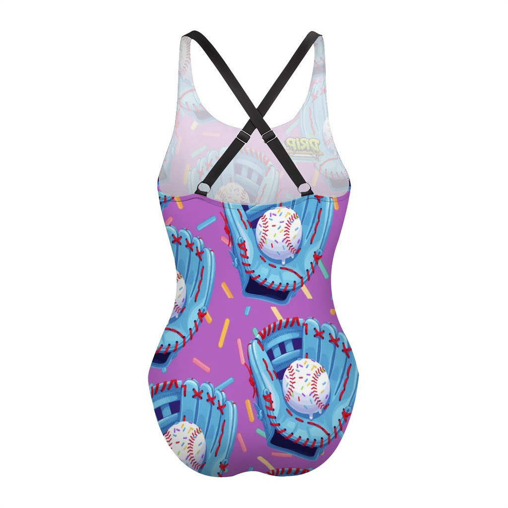 Cross-Back One Piece Swimsuit Women - Baseball Sprinkles Drip Purple