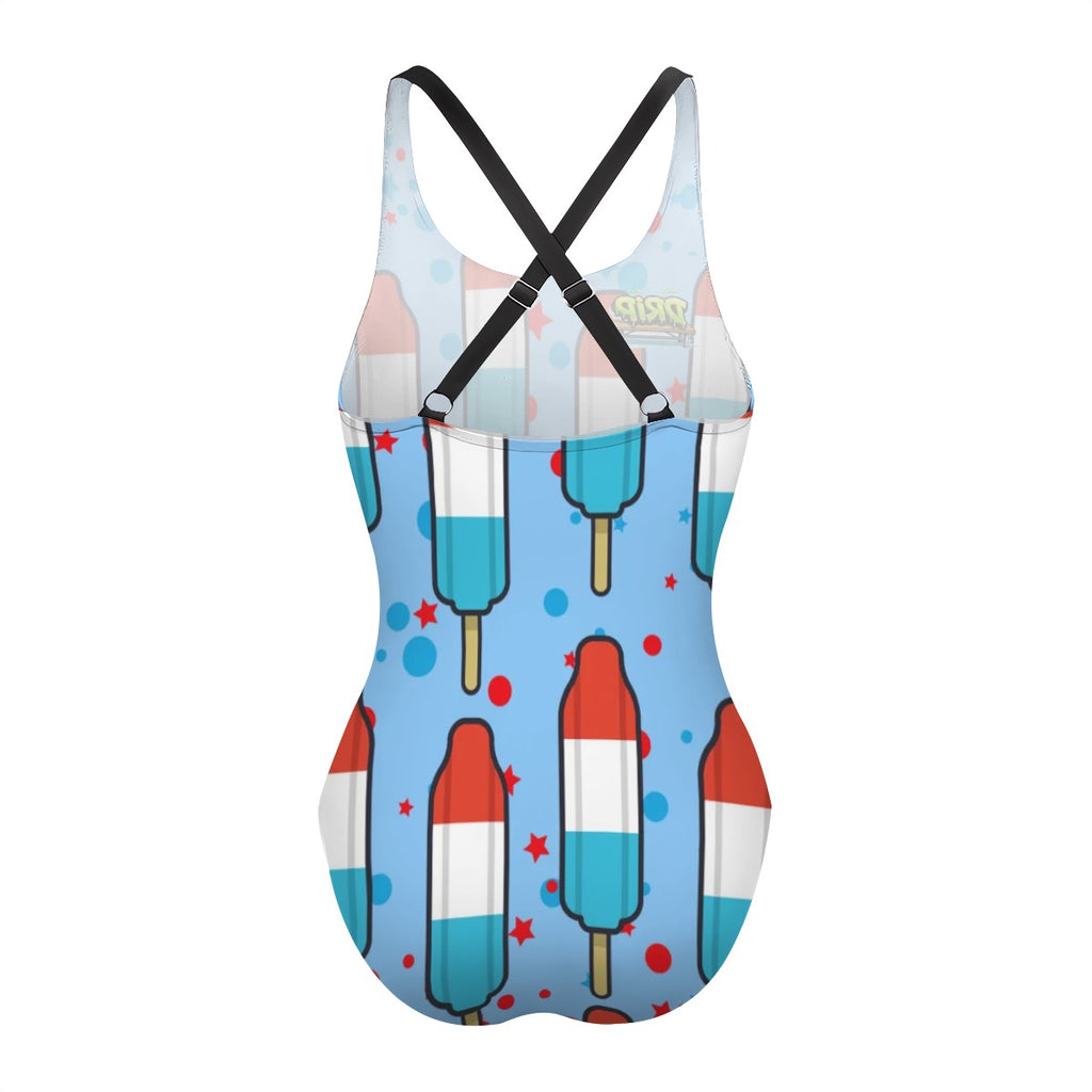 Cross-Back One Piece Swimsuit Women - Red White and Blue Pop Blue