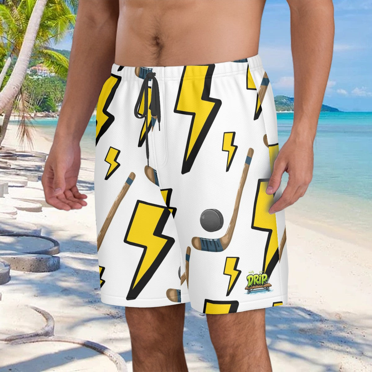 Men/Teen Swim Shorts - Lightning Bolts and Hockey Sticks White