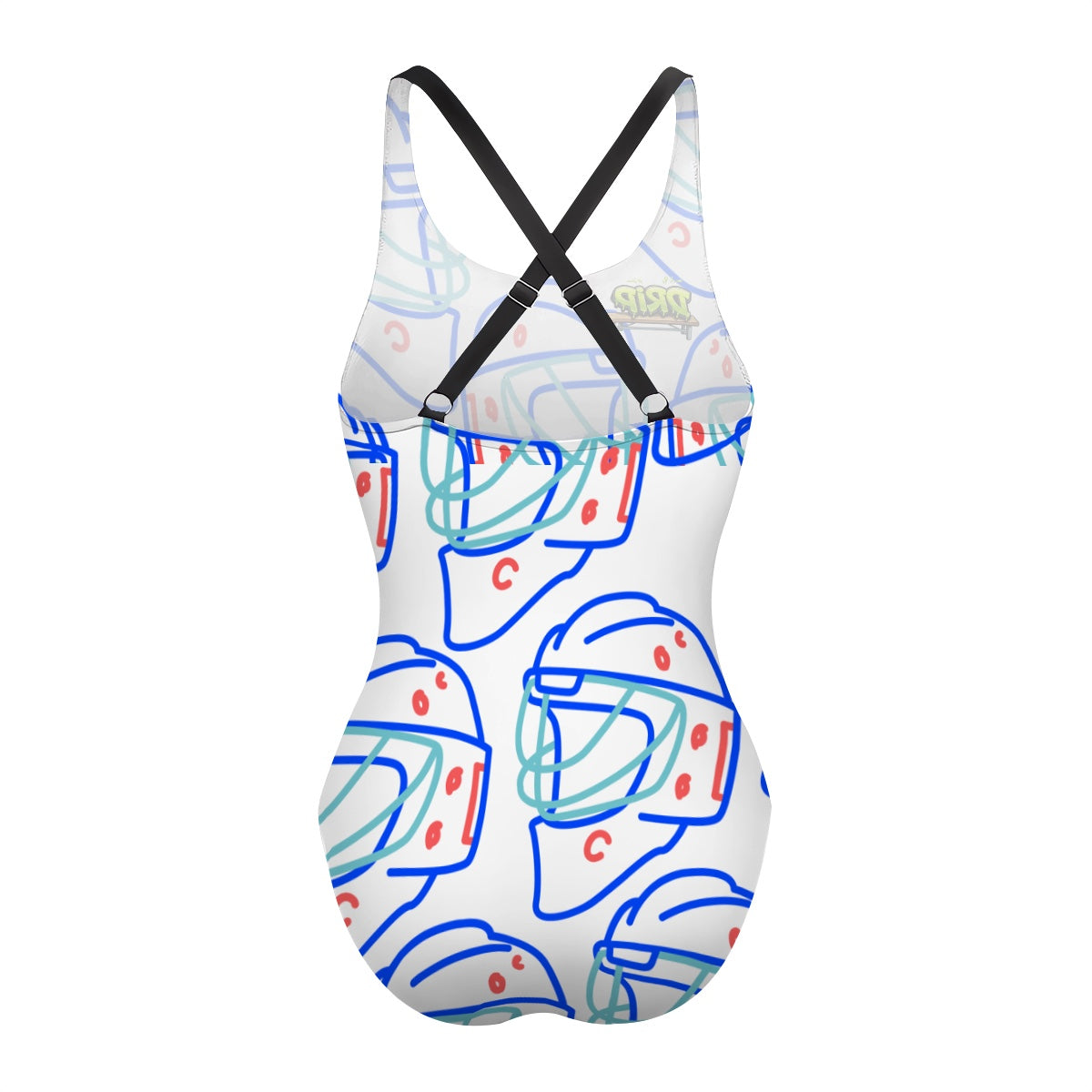 Cross-Back One Piece Swimsuit Women - Goalie Helmet Sketch White