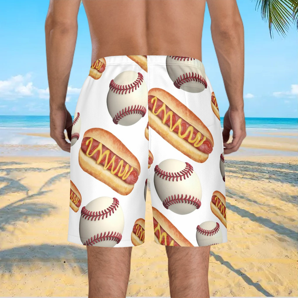 Men/Teen Swim Shorts - Baseballs and Hotdogs White