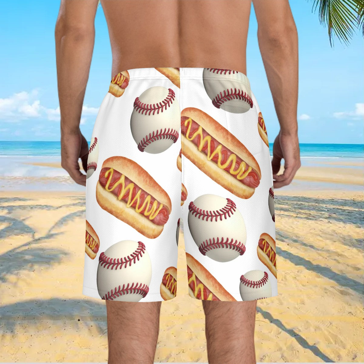 Men/Teen Swim Shorts - Baseballs and Hotdogs White