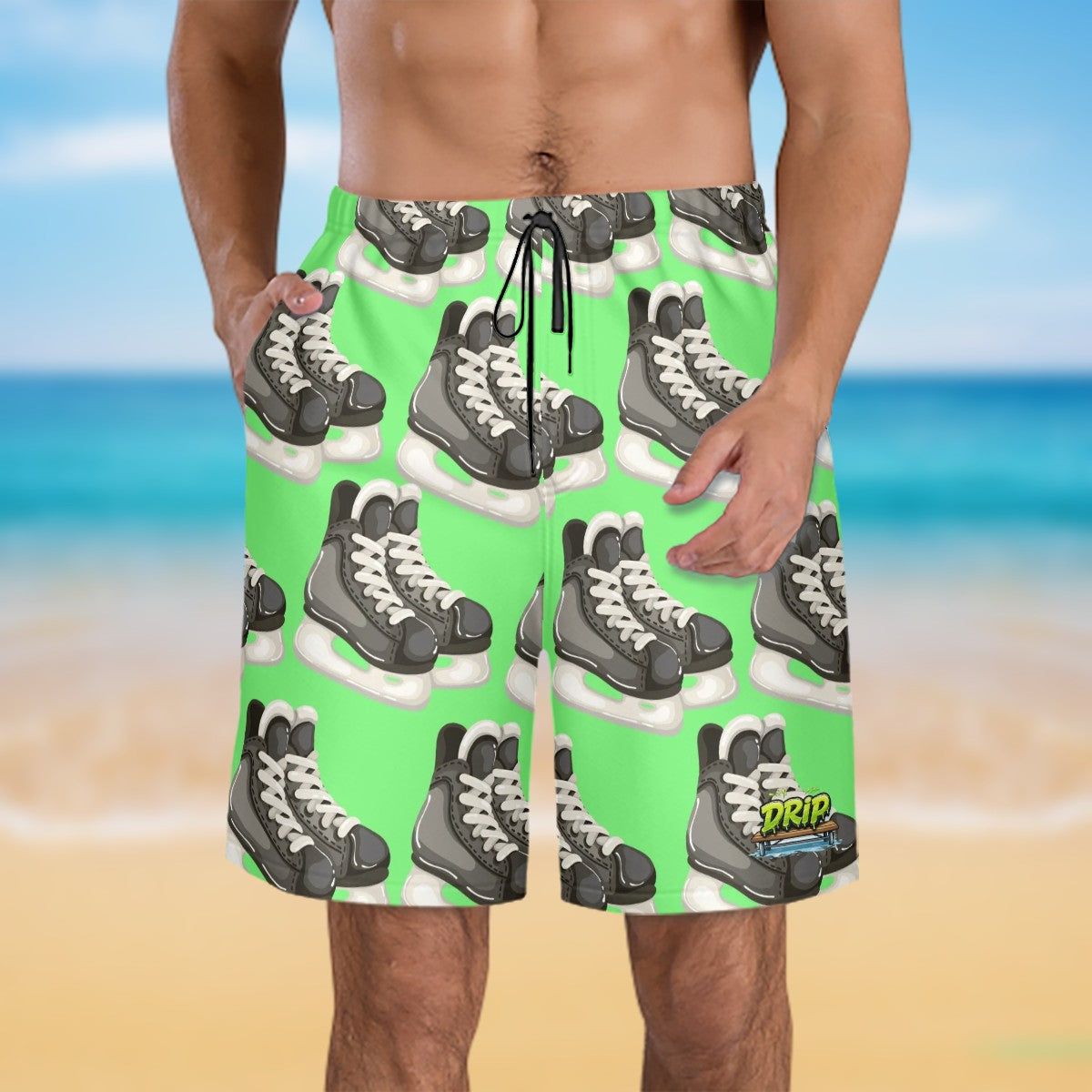 Men/Teen Swim Shorts - Hockey Skates Hot Green