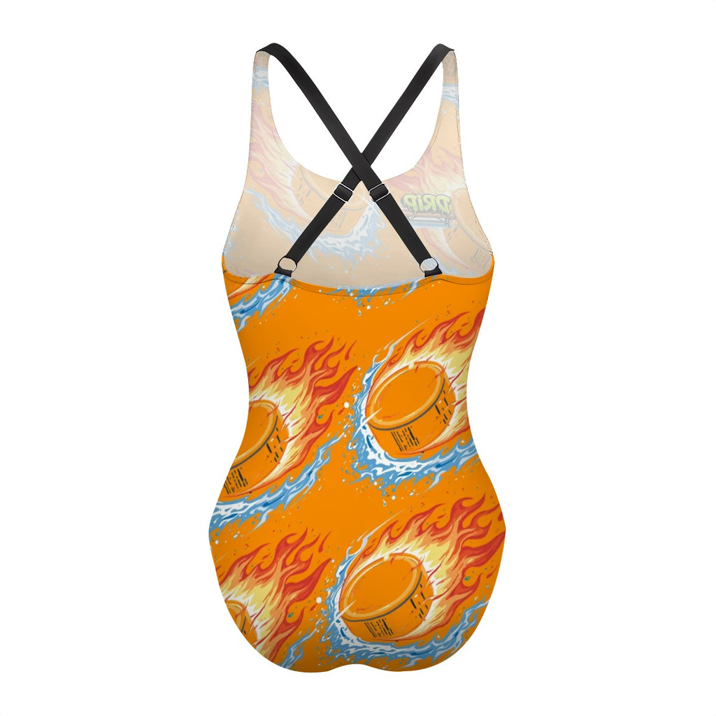 Cross-Back One Piece Swimsuit Women - Flamin Hockey Pucks Orange