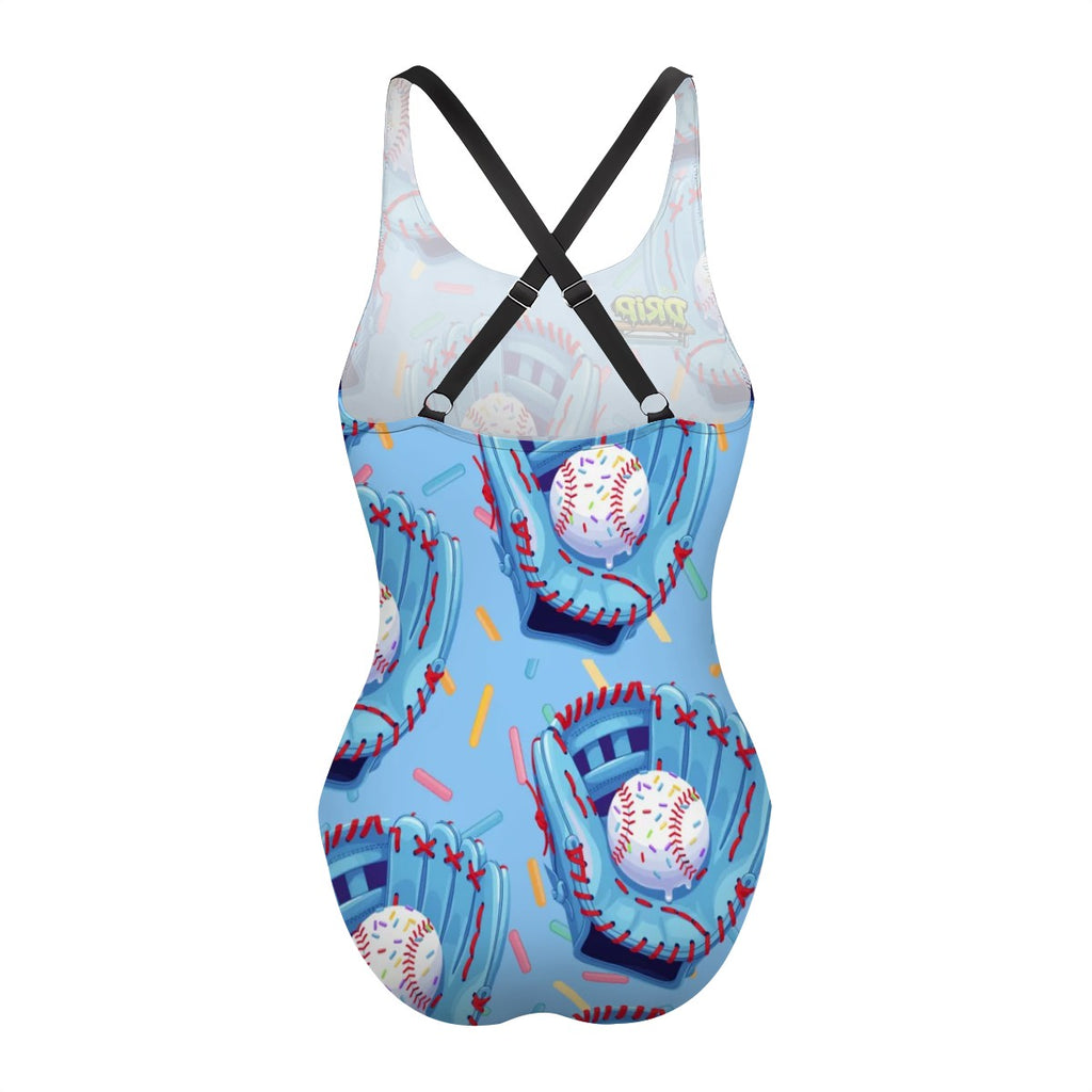 Cross-Back One Piece Swimsuit Women - Baseball Sprinkles Drip Ice Blue