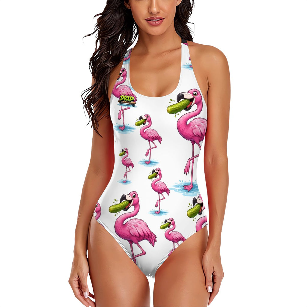 Cross-Back One Piece Swimsuit Women - Pickle Flamingo White