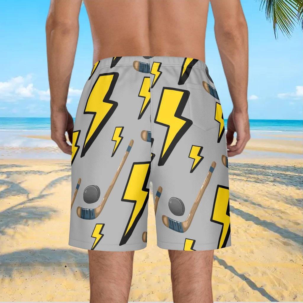 Men/Teen Swim Shorts - Lightning Bolts and Hockey Sticks Grey