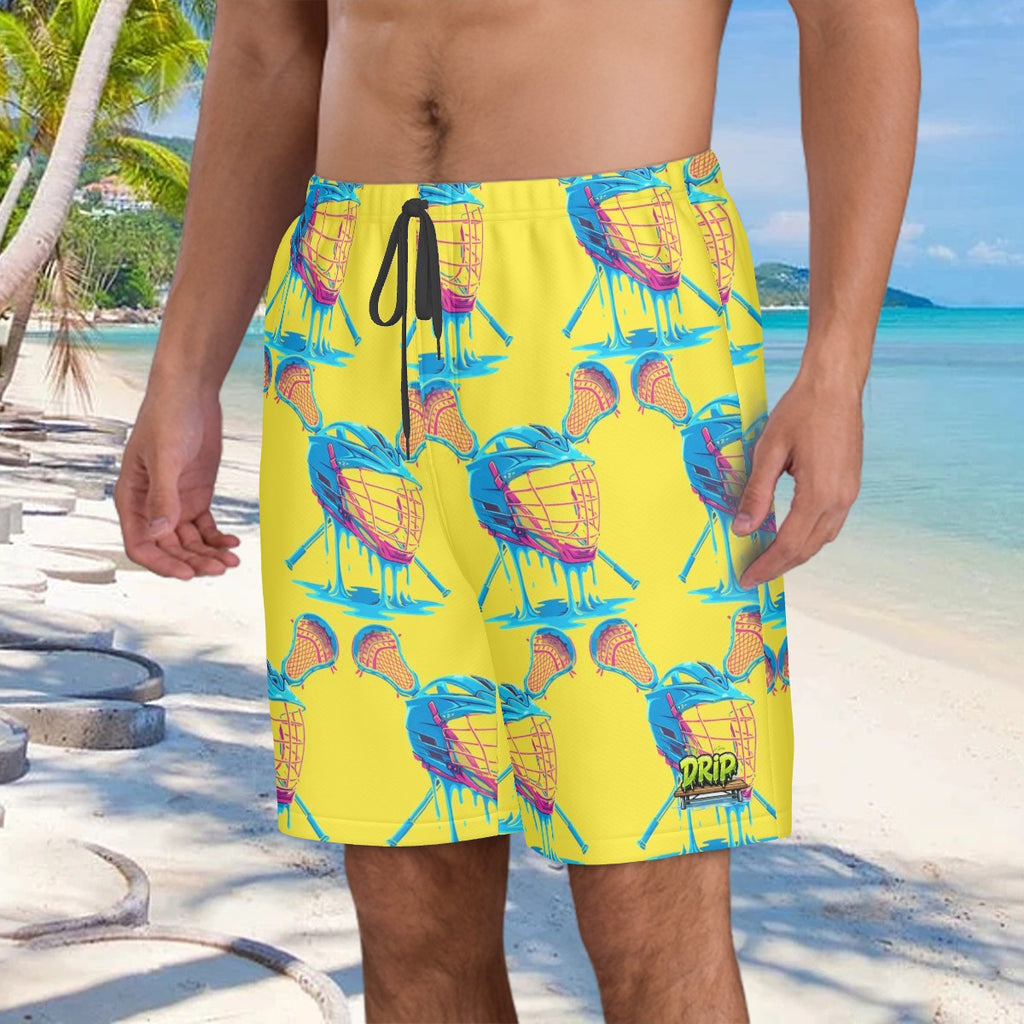 Men/Teen Swim Shorts - Lacrosse Helmet Sticks Yellow