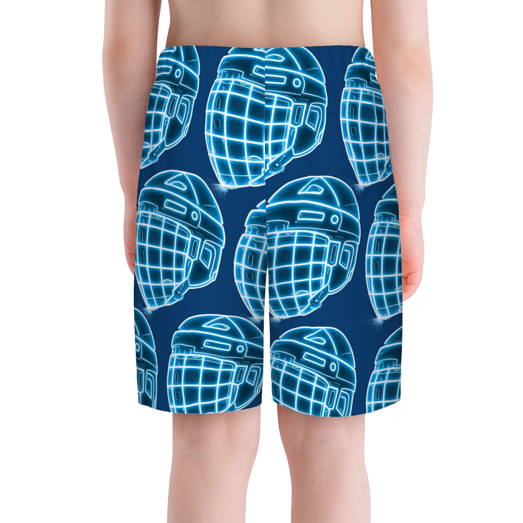 Youth Swim Shorts - Hockey Helmet Neon Blue Midnight