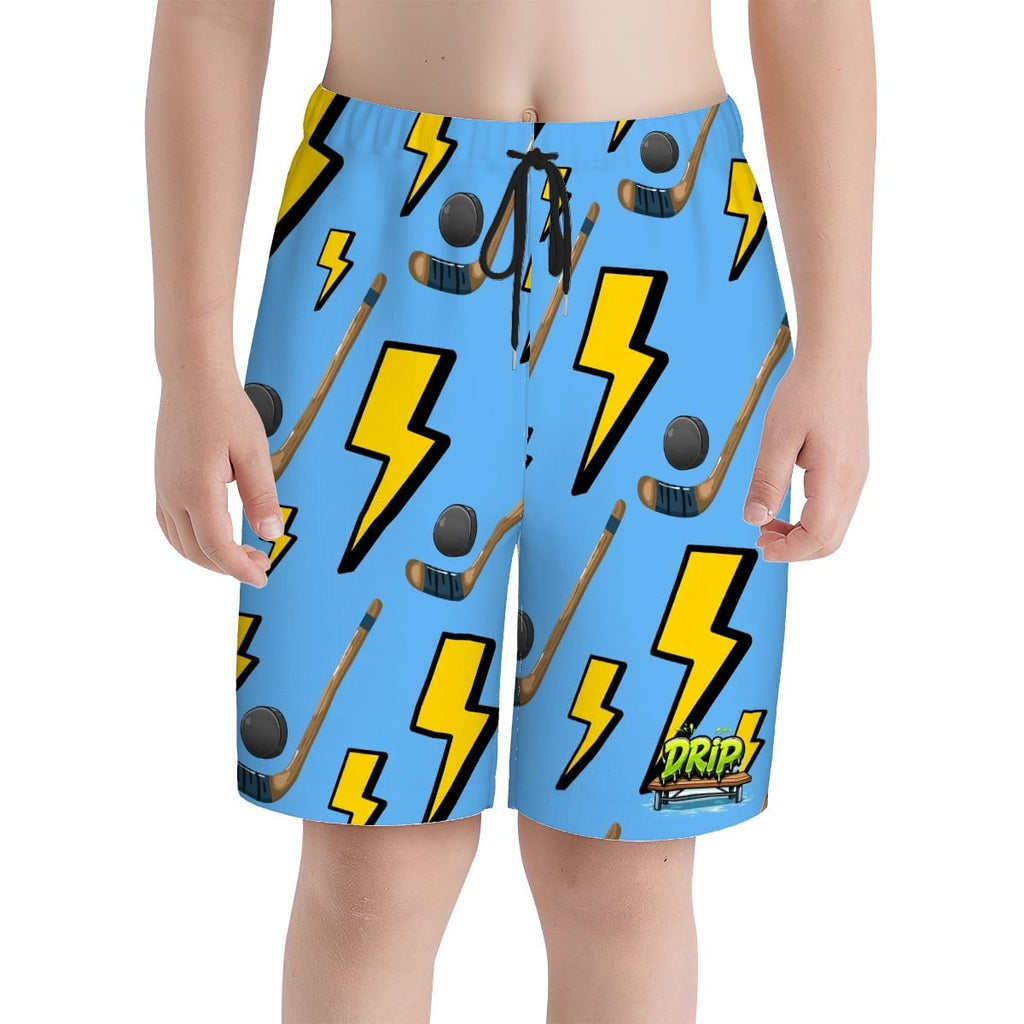 Youth Swim Shorts - Lightning Bolts and Hockey Sticks Sky Blue