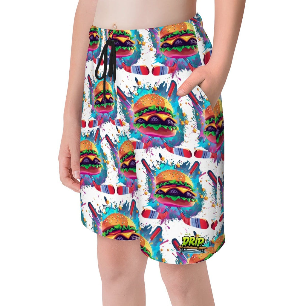 Youth Swim Shorts - Cheeseburger and Hockey Sauce White