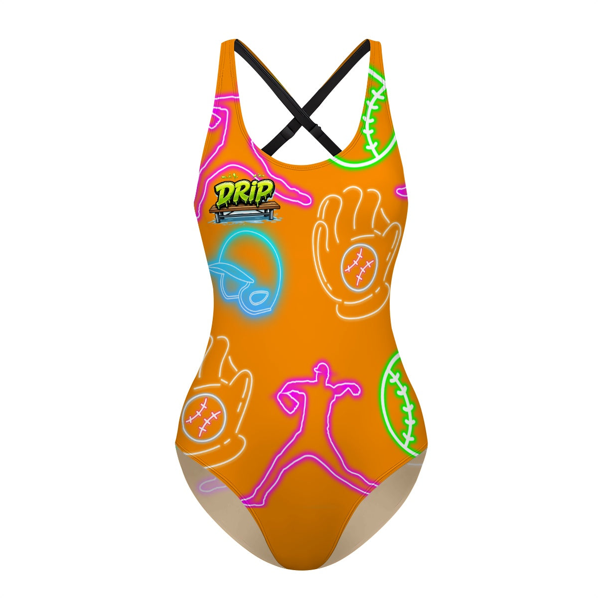 Cross-Back One Piece Swimsuit Women - Orange Neon Lights
