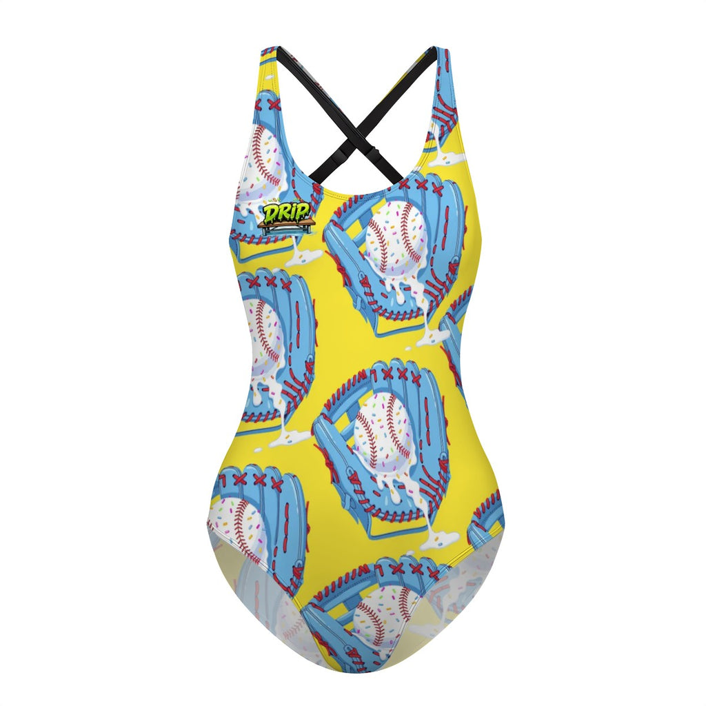 Cross-Back One Piece Swimsuit Women - Baseball Sprinkles Ice Cream Drip