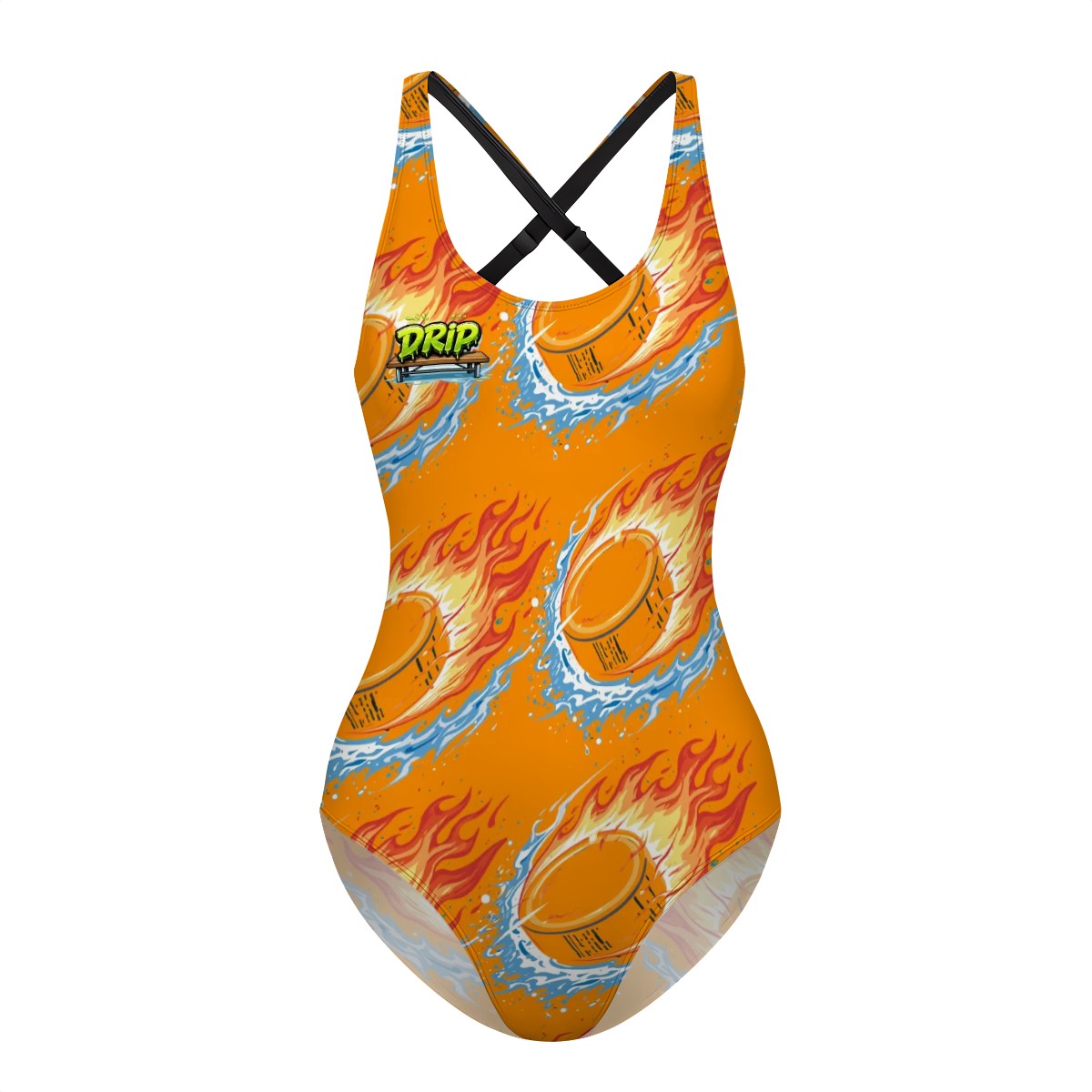 Cross-Back One Piece Swimsuit Women - Flamin Hockey Pucks Orange