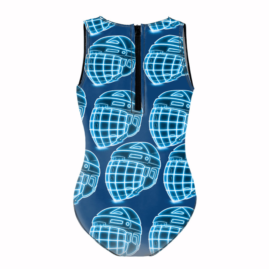 Girls One Piece Swimsuits Hockey Helmet Neon Blue Midnight