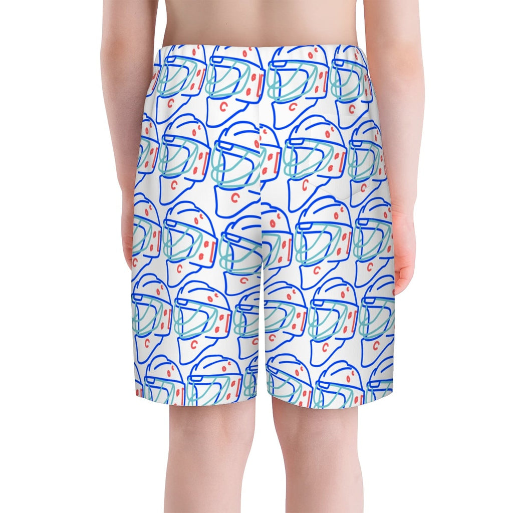 Youth Swim Shorts - Goalie Helmet Sketch White