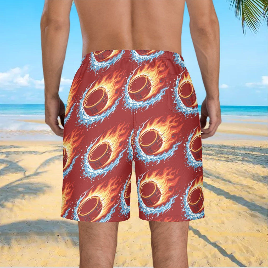 Men/Teen Swim Shorts - Flamin Hockey Pucks Classic Red