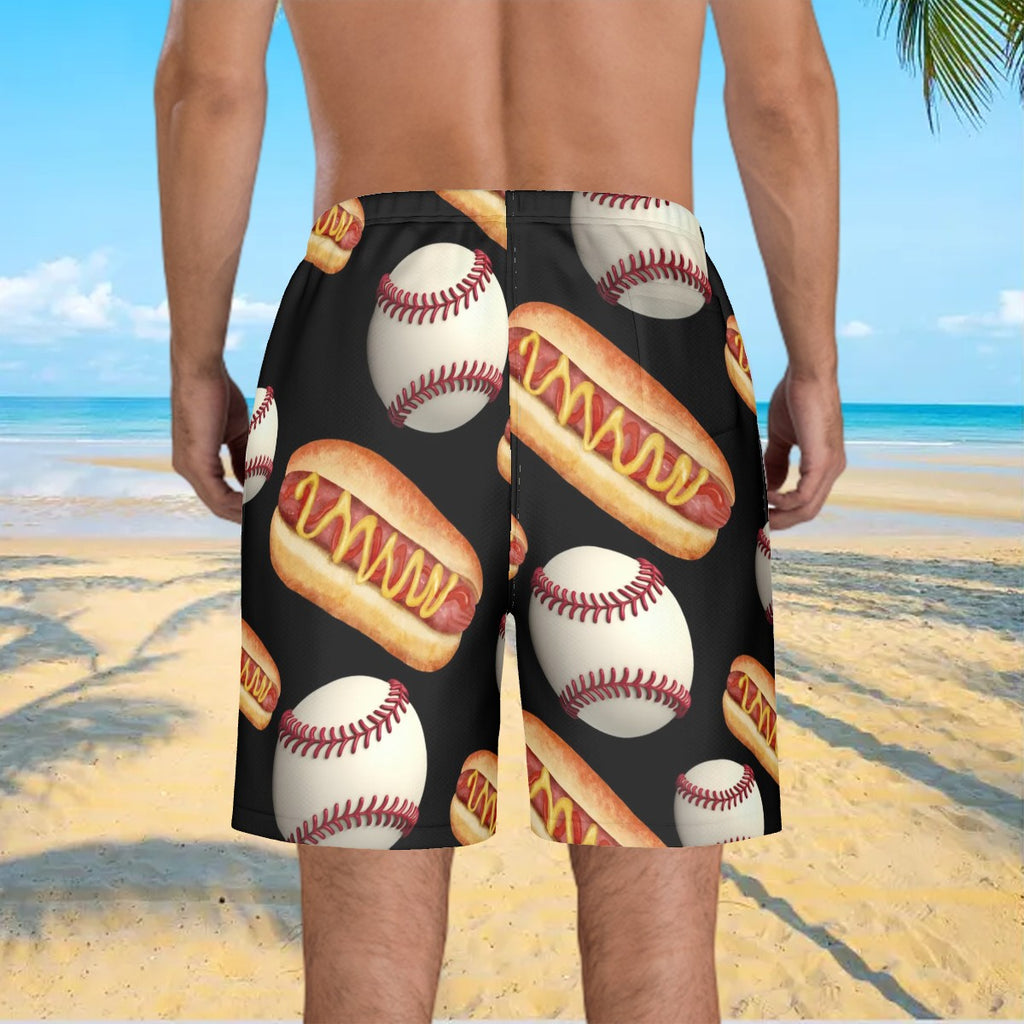 Men/Teen Swim Shorts - Baseballs and Hotdogs Black
