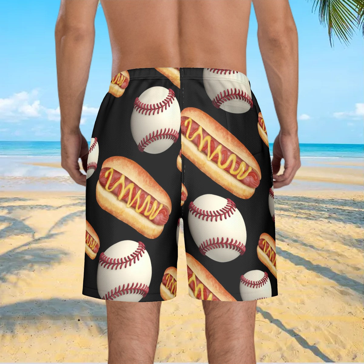 Men/Teen Swim Shorts - Baseballs and Hotdogs Black