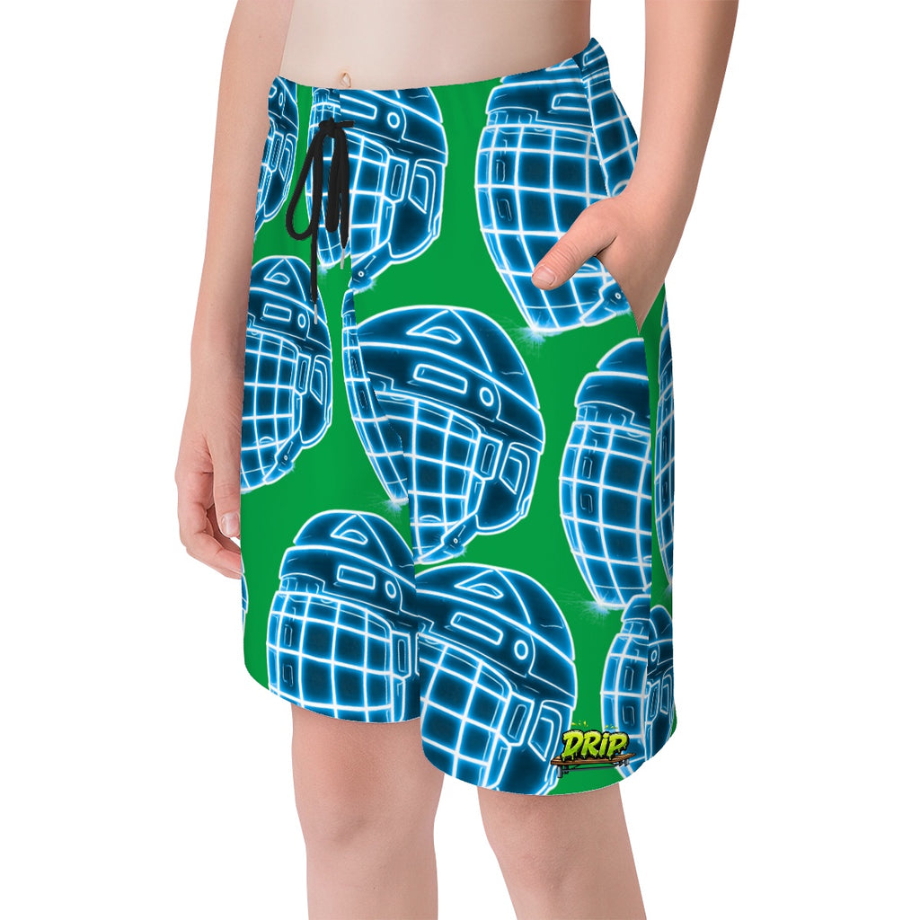 Youth Swim Shorts - Hockey Helmet Neon Blue Green