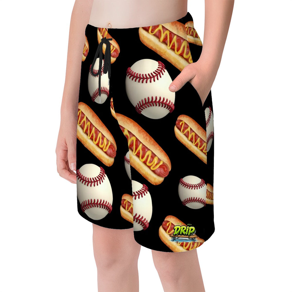 Youth Swim Shorts - Baseball and Hotdogs Black