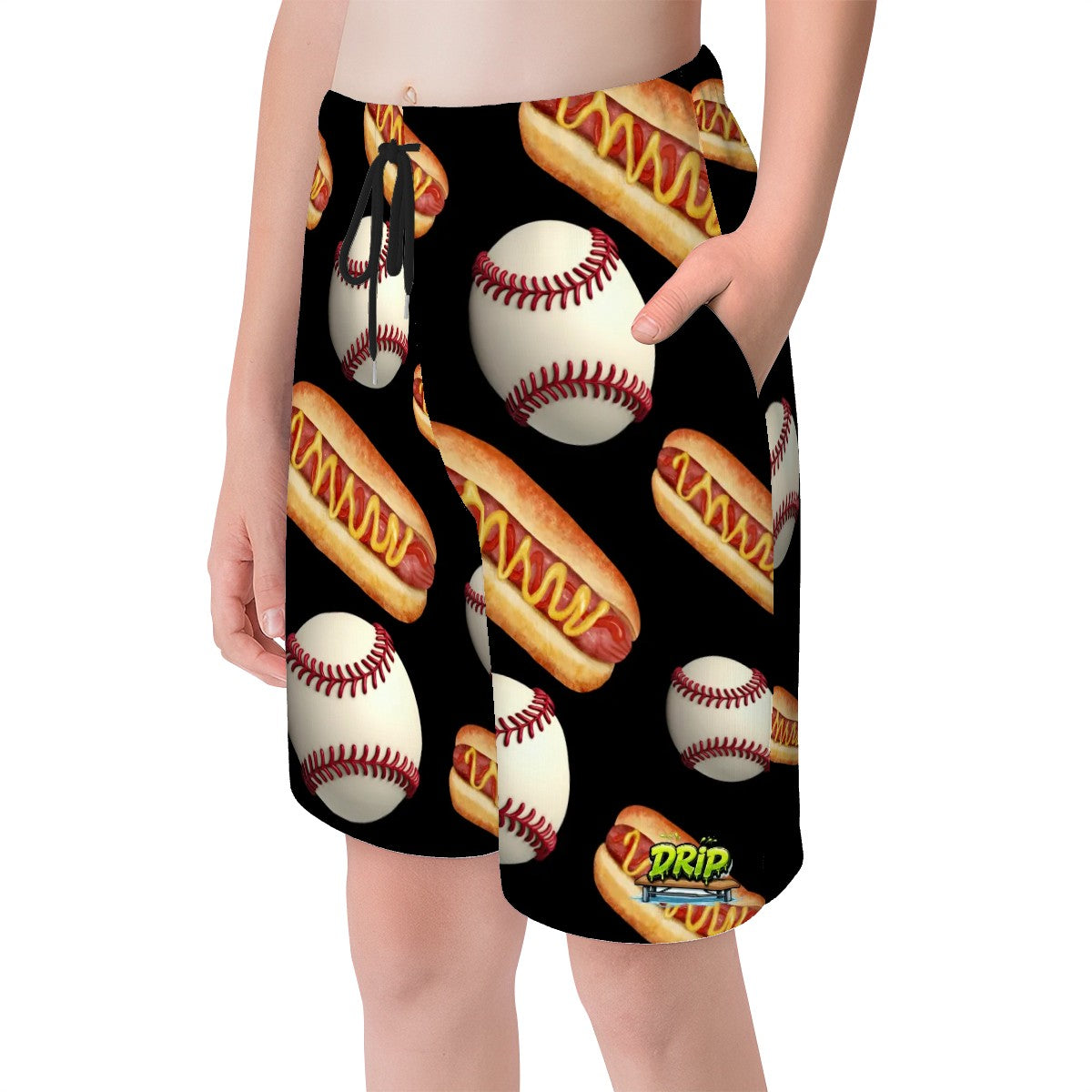 Youth Swim Shorts - Baseball and Hotdogs Black