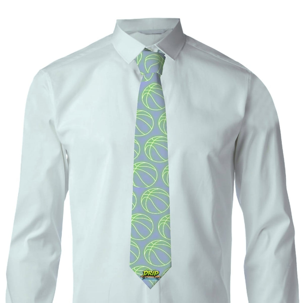 Game Day Tie - Neon Green Basketballs Light Purple