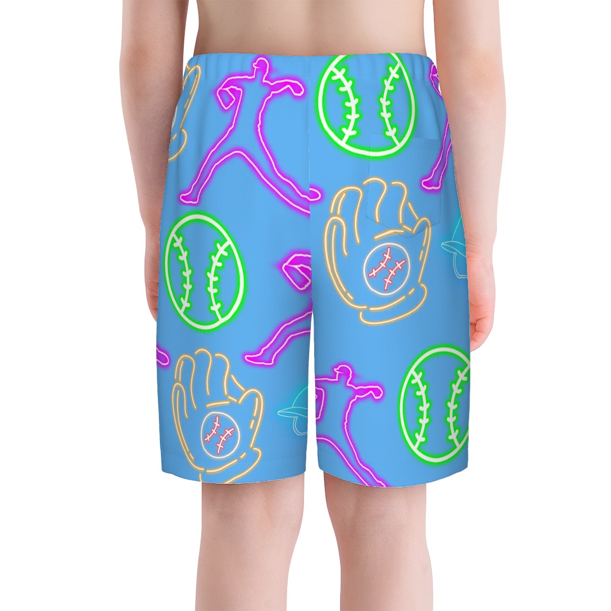 Youth Swim Shorts - Baseball Neon Lights Sky Blue